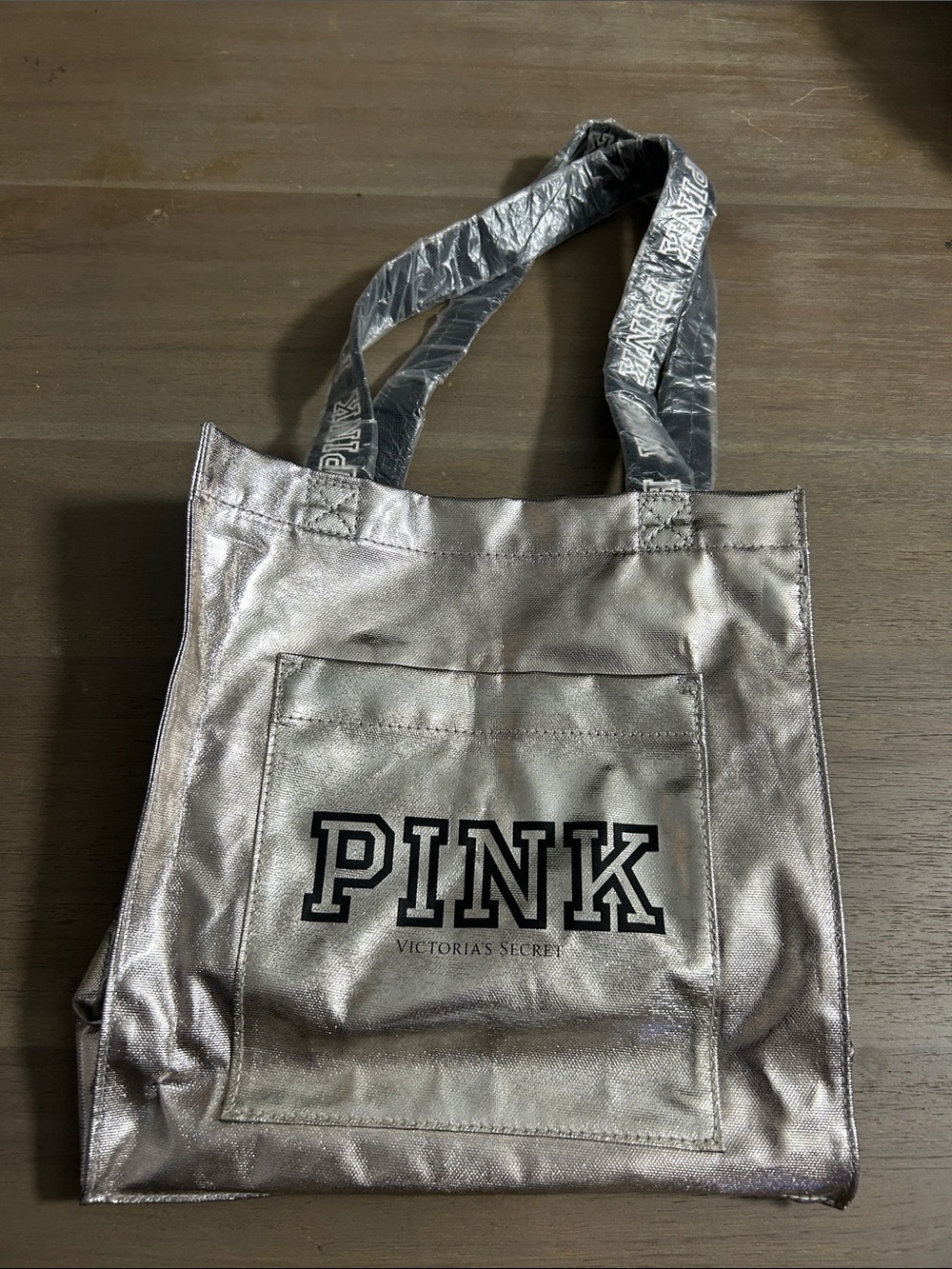 PINK Victoria's Secret Shiny Silver Logo Tote